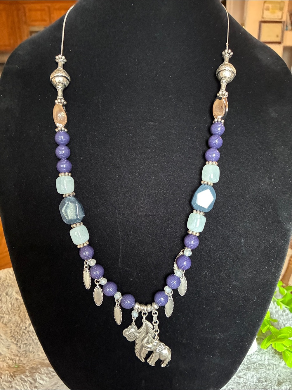 Chico's Purple and Light Blue Beaded Elephant Charm Necklace